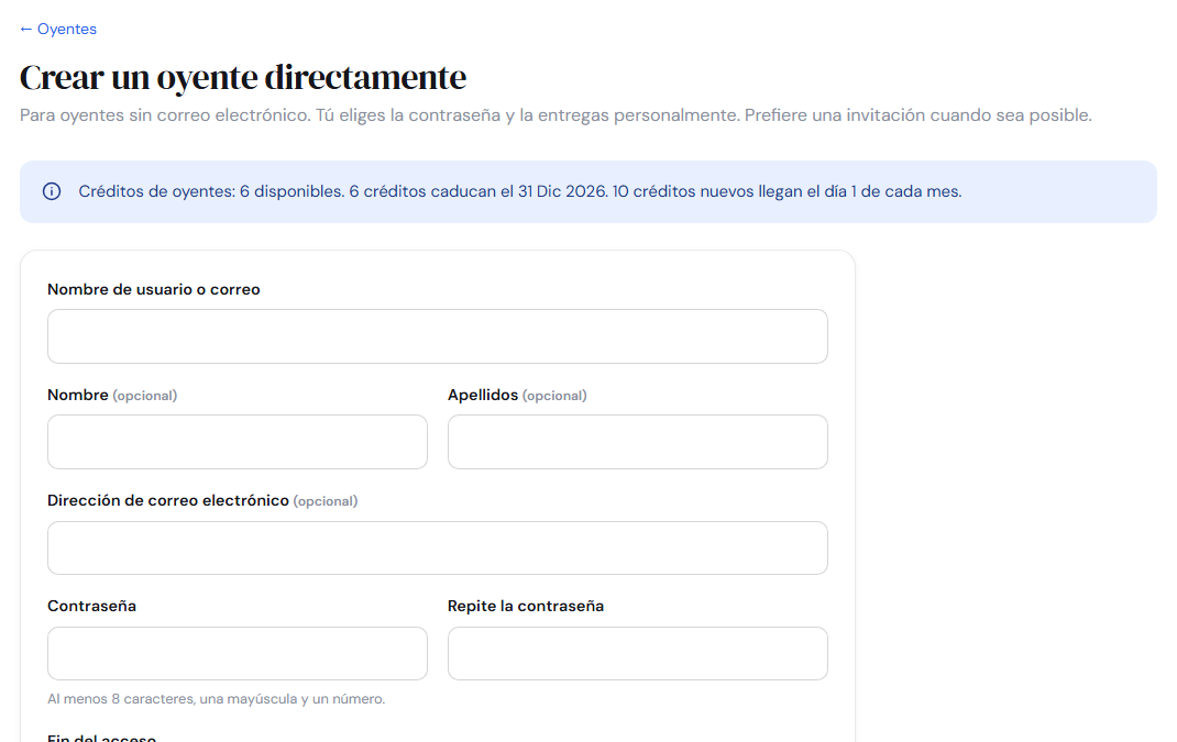 Creación de una cuenta de oyente