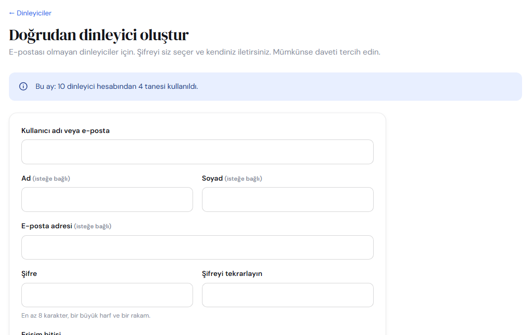 Dinleyici hesabı oluşturma